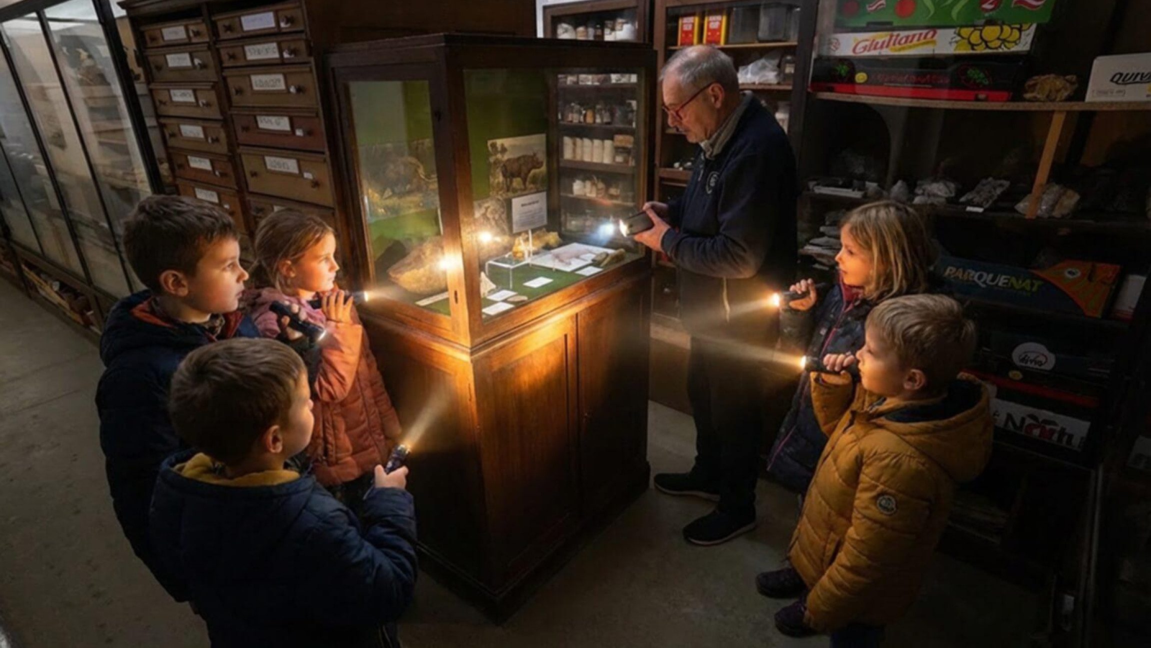 Blick auf ein paar Personen, die von einer Vitrine stehen und diese mit Taschenlampen beleuchten.