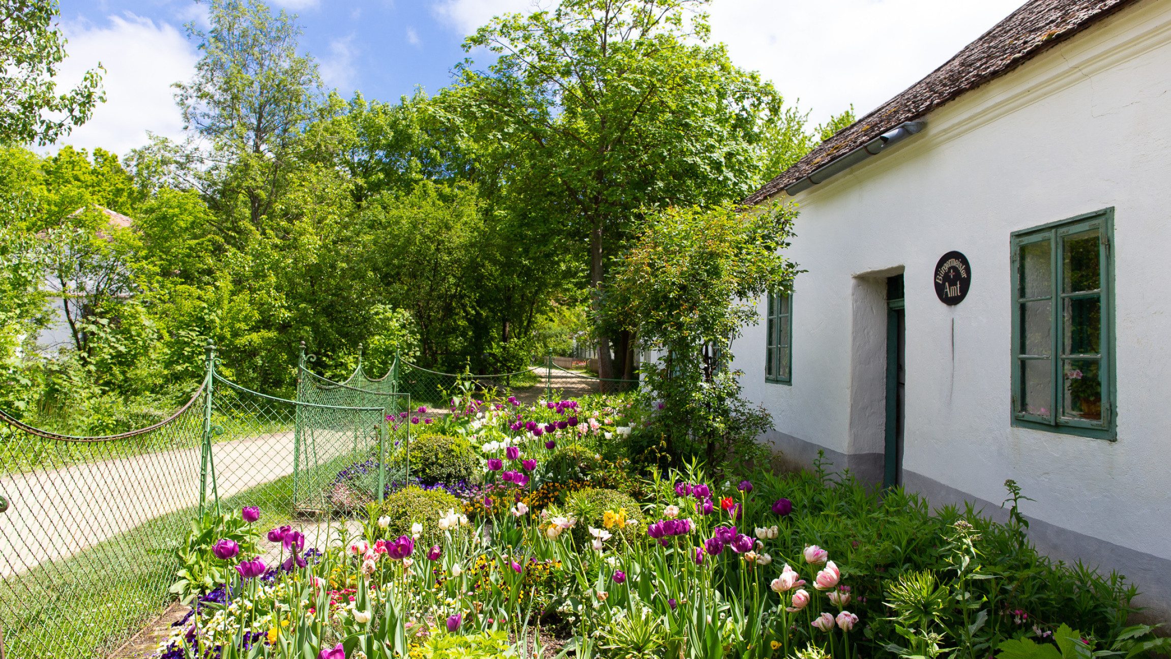 Blick auf Blumen vor einem Gebäude des Museumsdorfs.