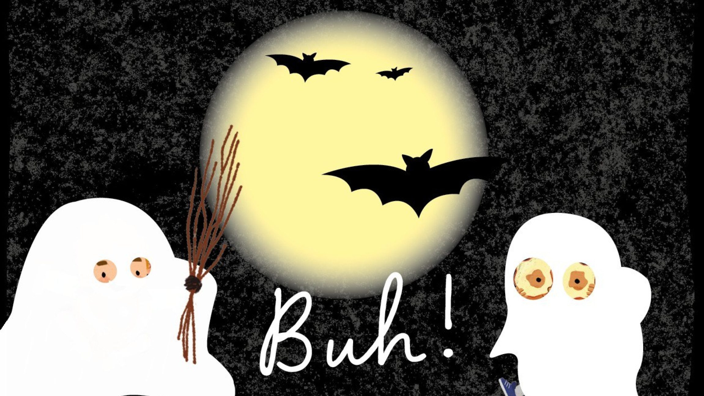 Zwei Gespenster auf schwarzem Hintergrund.