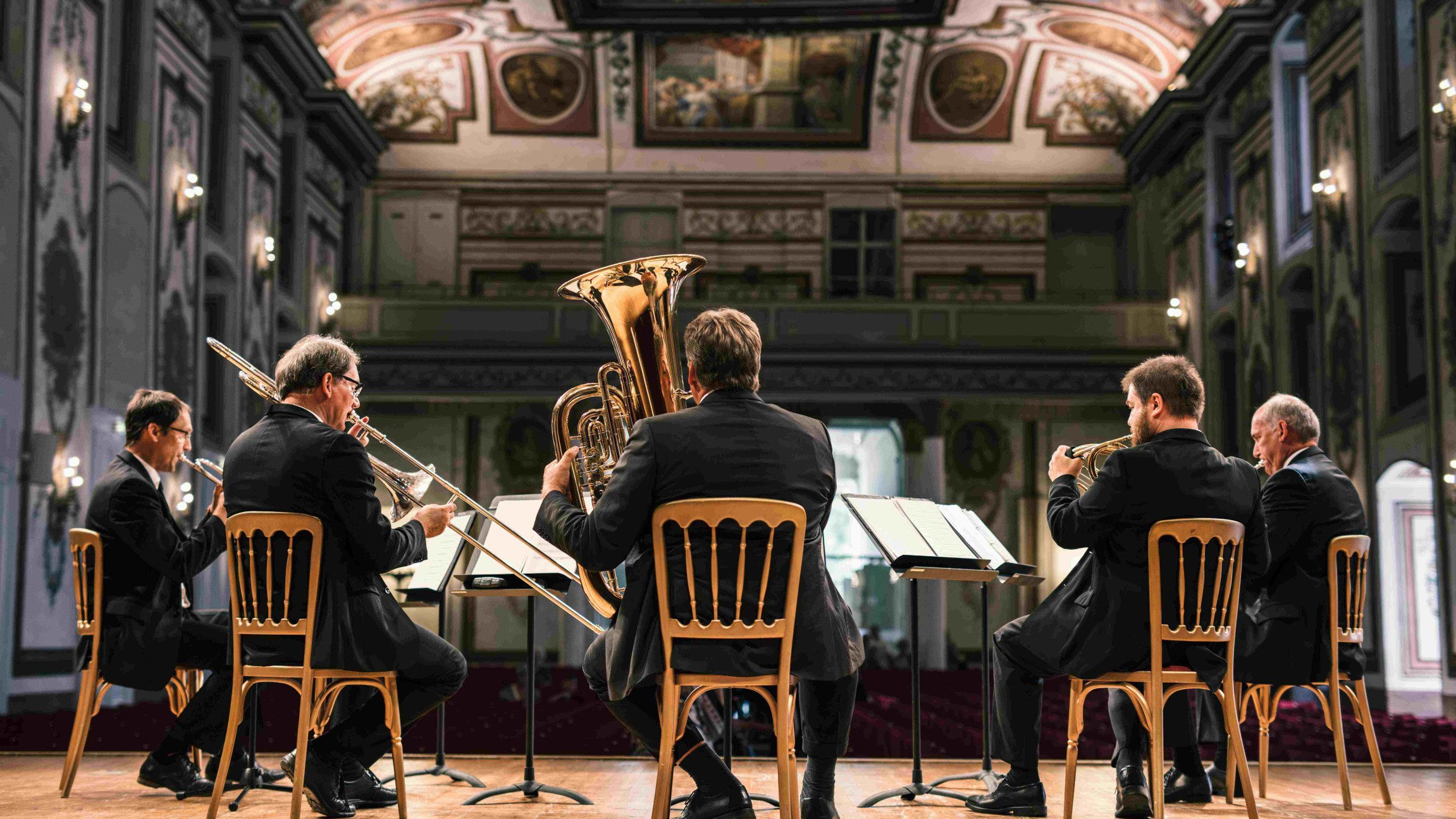 Blick auf ein Streichquartett von hinten, dass gerade auf einer Bühne spielt.
