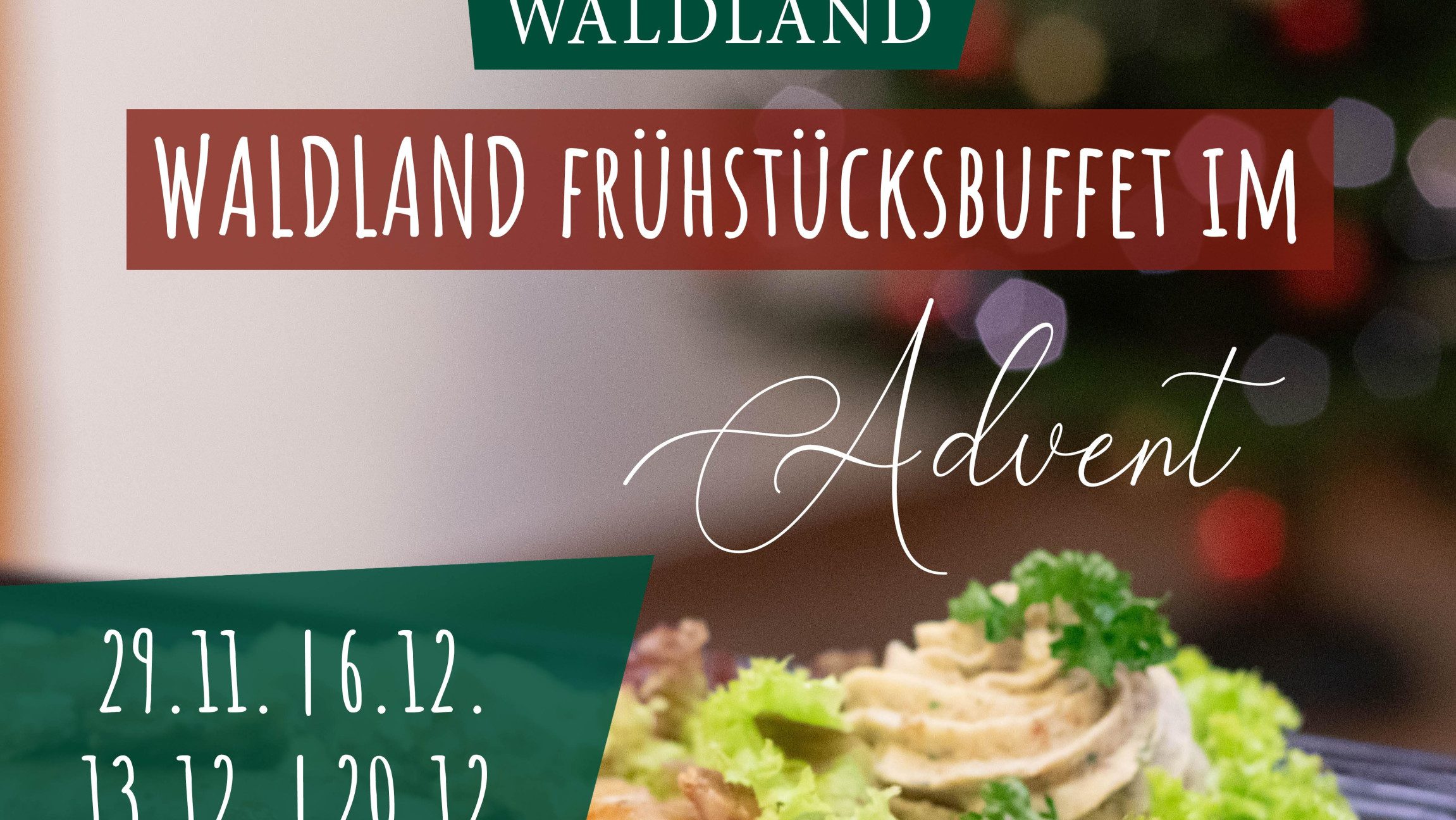 Werbesujet mit Infos zur Veranstaltung und Essen im Hintergrund.