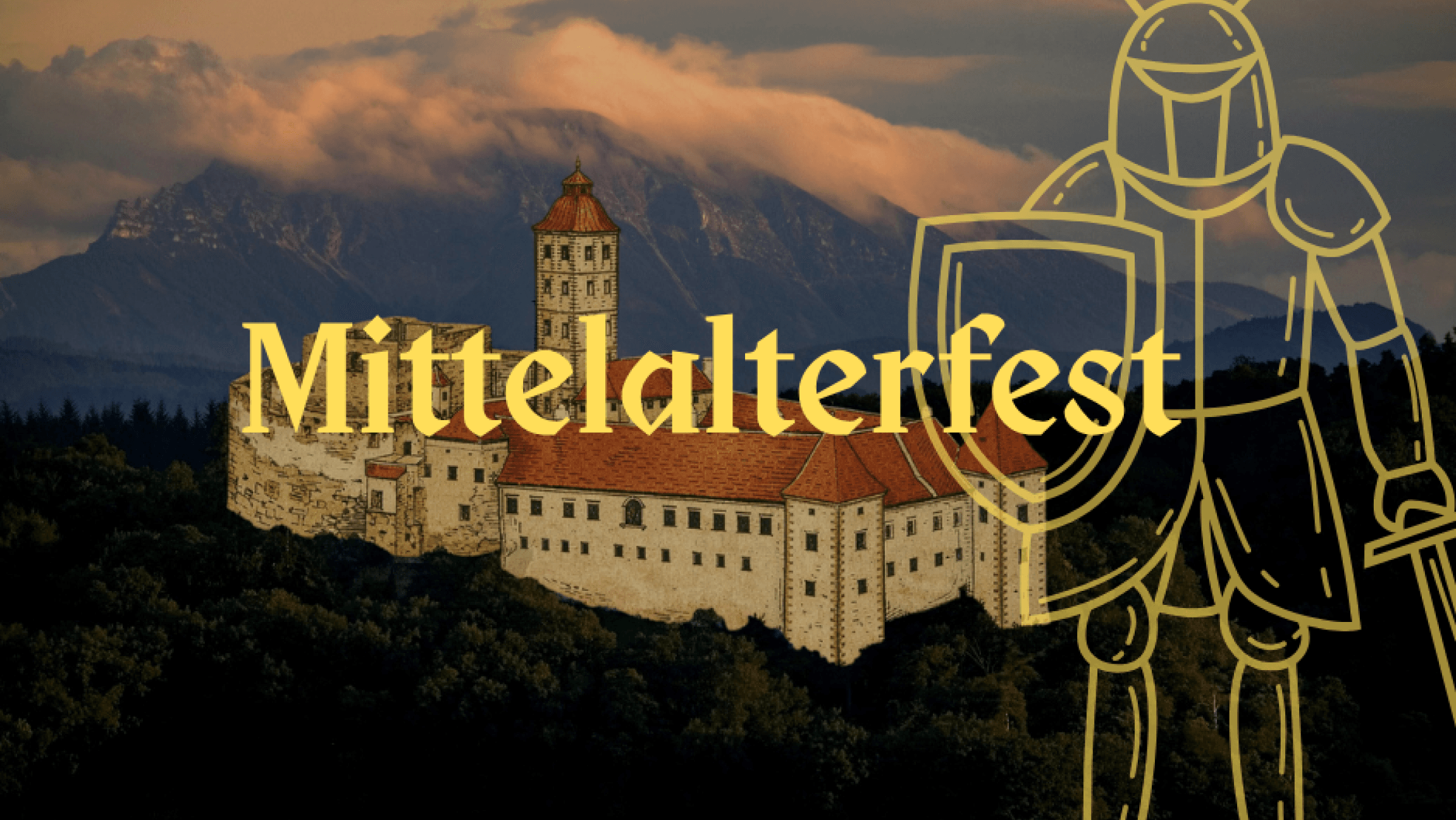 Sujet der Veranstaltung auf dem man die Schallaburg im Hintergrund sieht und im Vordergrund einen gezeichneten Ritter und den Text "Mittelalterfest".