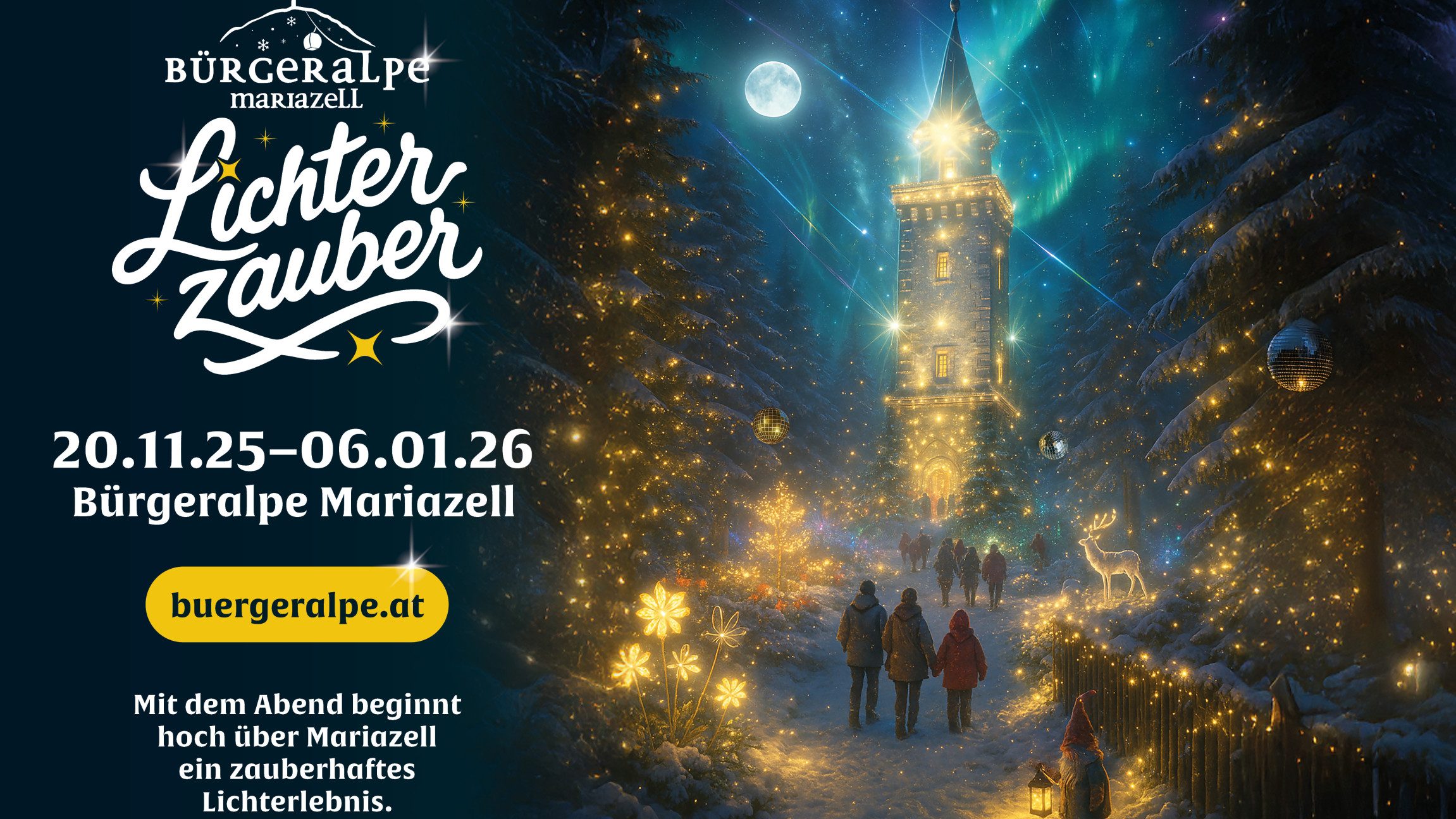 Werbesujet mit links allen Informationen zur Veranstaltung und rechts einem Bild von beleuchteten Turm, der inmitten beleuchteten Bäumen steht.