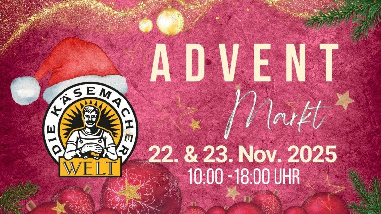 Werbeflyer von der Käsemacherwelt mit dem Logo, einer Weihnachtsmütze und den Informationen zum Adventmarkt.