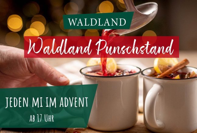Werbesujet für den Punschstand vom Waldland mit Informationen zum Punschstand und einem Bild von Glühwein in Tassen.