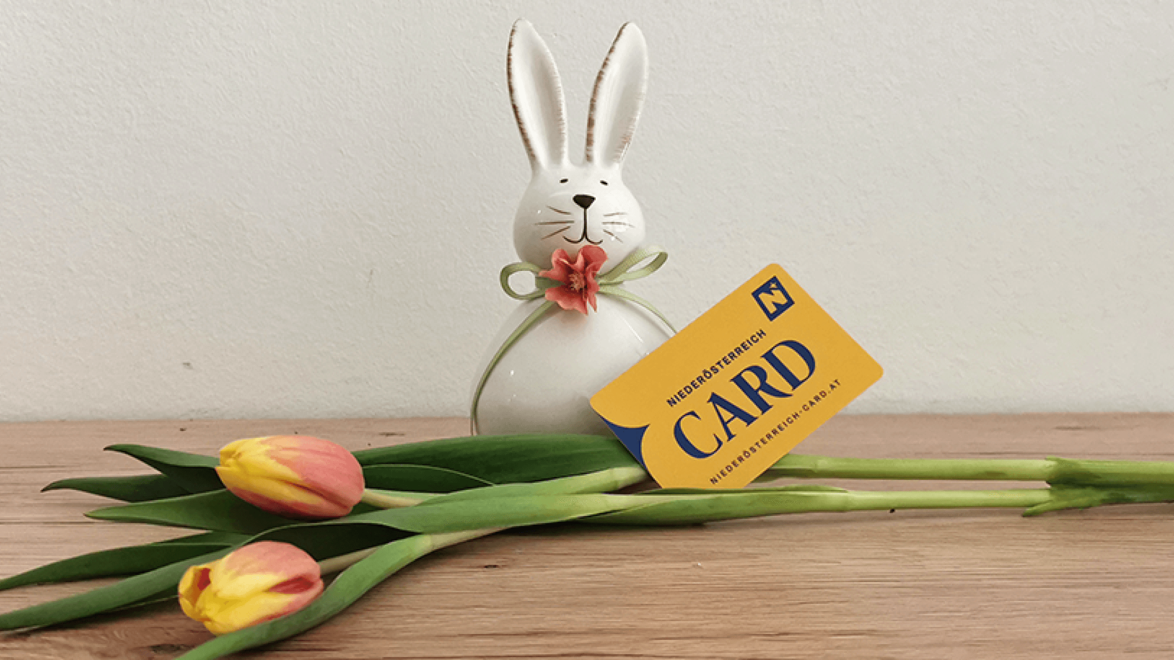 Die Niederösterreich-CARD wird mit einem Osterhasen und Frühlingsblumen verschenkt