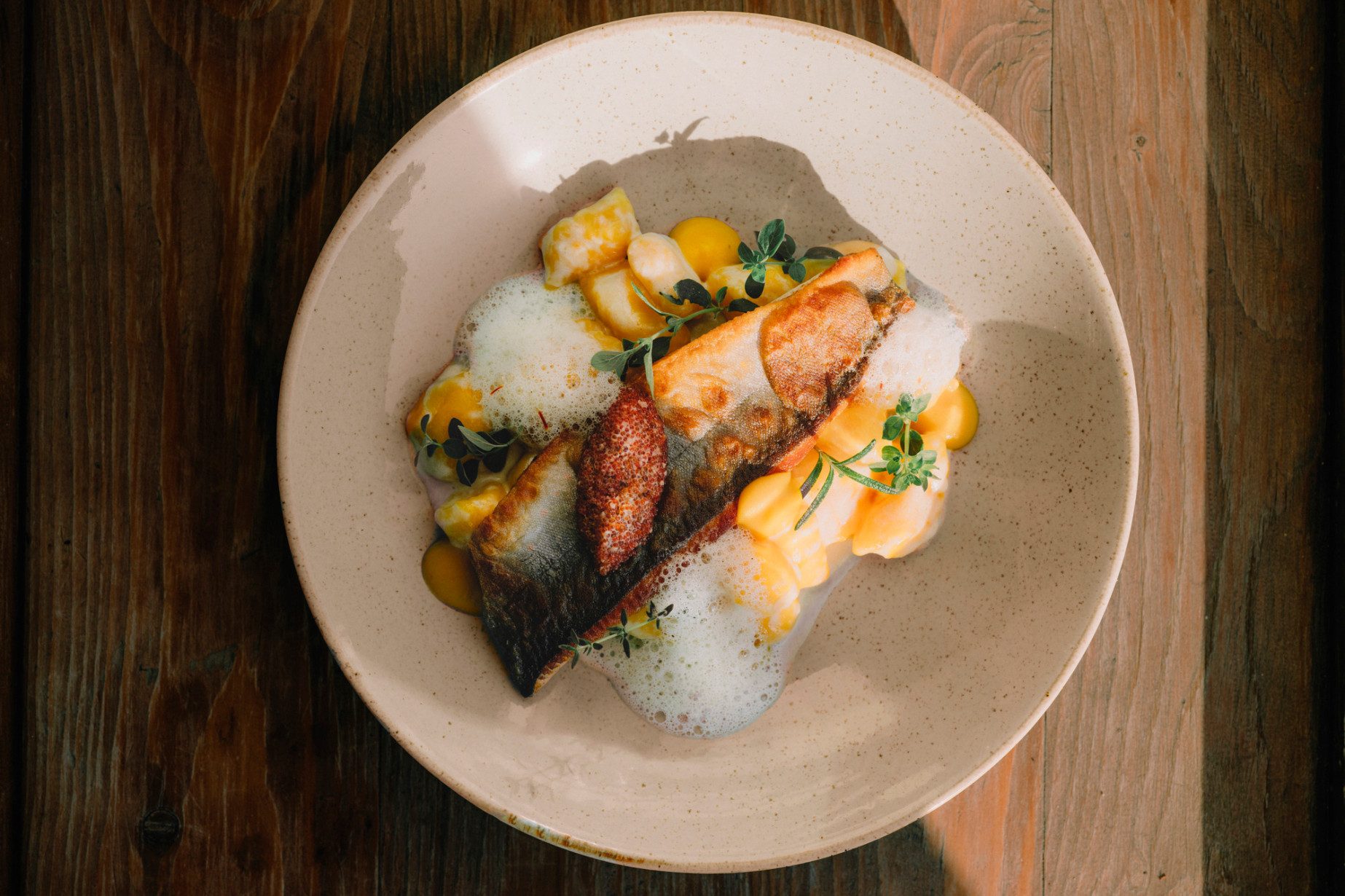 Saiblingsfilet, Erdäpfel-Safrannockerl