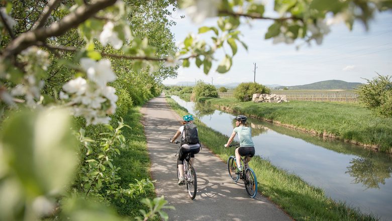 Zwei Radfahrerinnen am Thermenradweg im Frühling