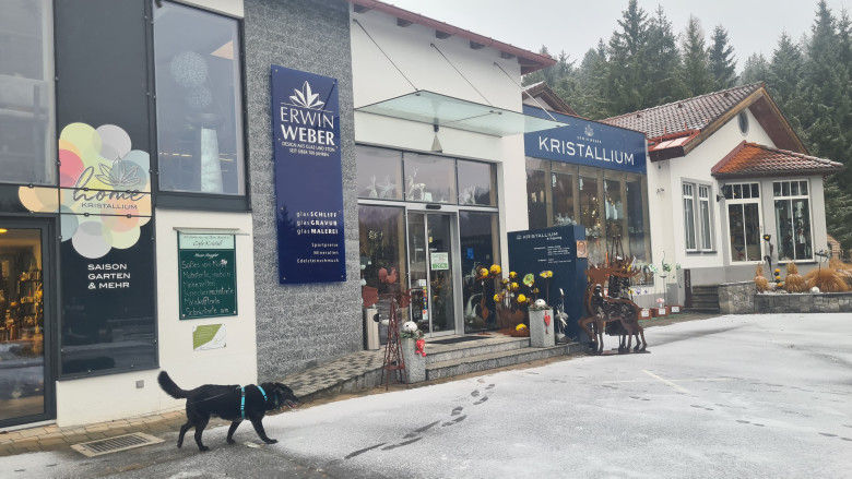 Eingang vom Kristallium mit schwarzen Hund im Vordergrund