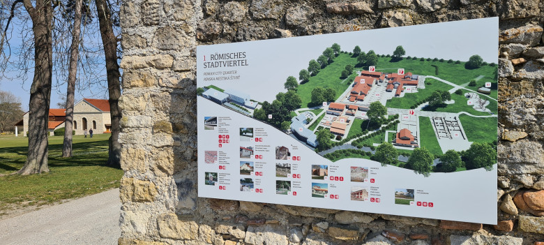 Informationstafel mit Übersichtsplan des römischen Stadtviertels in der Römerstadt Carnuntum. Im Hintergrund sind historische Gebäude und die weitläufige Anlage der Ausgrabungsstätte zu sehen.