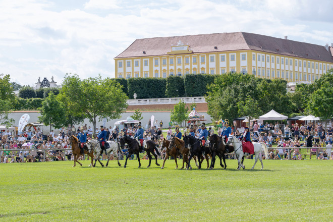 Foto von einem Pferdeaufmarsch mit vielen Zusehern bei Schloss Hof.