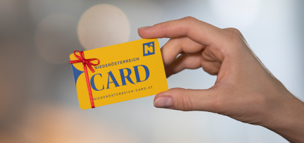 Die Niederösterreich-CARD wird in einer Hand gehalten und ist mit einer roten Schleife geschmückt