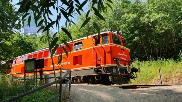 Die rote Lok des Reblaus-Express umgeben von grüner Landschaft.