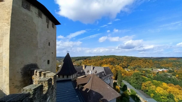 Blick von der Burg über den herbstlichen Wald.