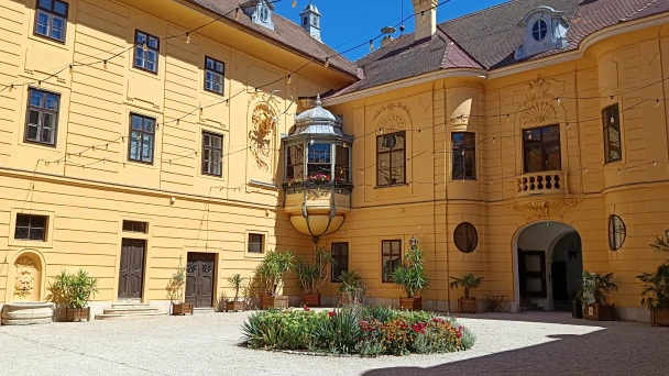 Blick auf den Innenhof des Schlosses mit Bepflanzung.