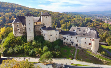 Blick von weiter weg auf die imposante Burg, di in einem Wald thront