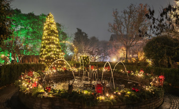 Blick auf einen beleuchteten Garten mit einem runden Kranz in der Mitte.