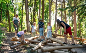 Blick auf eine Familie, die im Wald auf Baumstämmen spielt.