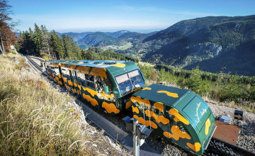 Salamandazug der Schneebergbahn steht auf den Schienen mit Ausblick in die Berglandschaft.
