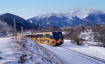 Blick auf die Schneebergbahn, die in einer Schneelandschaft fährt.
