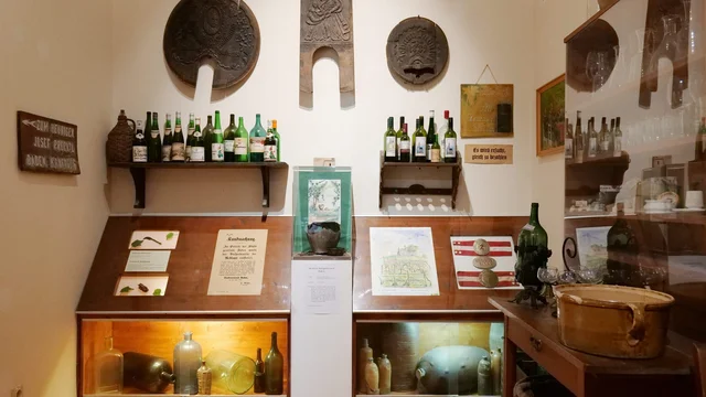 Blick auf einen Ausstellungsraum mit Weinflaschen im Rollettmuseum.