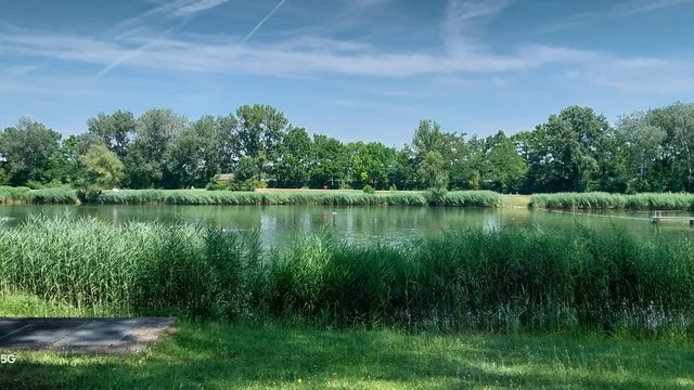 Blick über die grüne Liegewiese auf das Seebad.