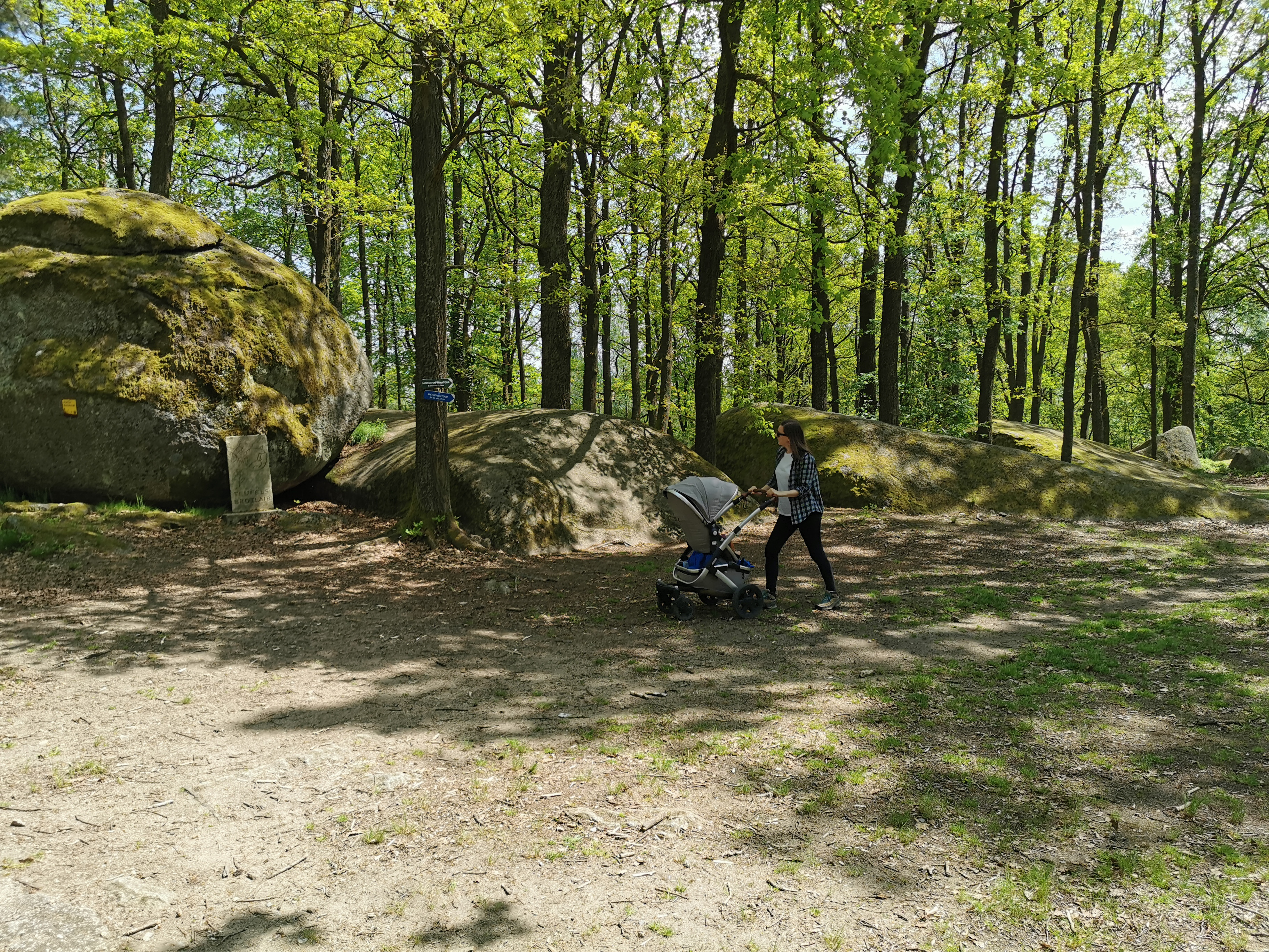 Frau mit Kinderwagen im Wald