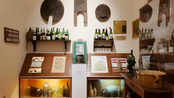 Blick auf einen Ausstellungsraum mit Weinflaschen im Rollettmuseum.