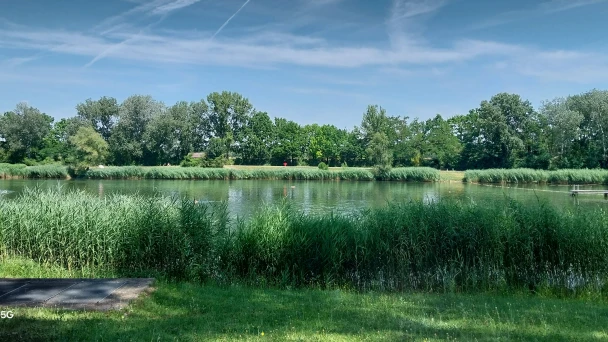 Blick über die grüne Liegewiese auf das Seebad.