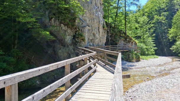 Blick über einen Holzsteg in der Schlucht der Erlebniswelt Mendlingtal.